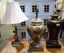 Two decorative ceramic lamp bases together with a brass table lamp & shade