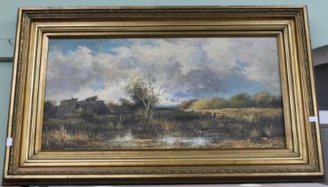 An large original oil on canvas of a river scene with cattle signed F.Richardson in gilt frame