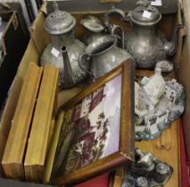 A box containing plated wares, a Spode collectors plate, framed tile etc