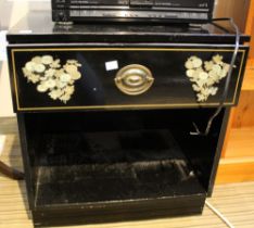 Black Ebonised Oriental inspired bedside cupboard with single drawer and floral decoration