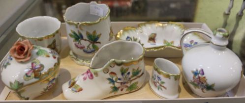 A collection of seven Herend porcelain items, includes trinket box with rose knop, a shoe vase etc (