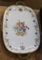 A Limoges porcelain tray, having decorative brass frame, floral and gilt decoration