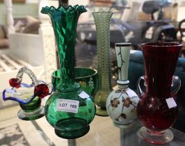 A box of Victorian glass to include; green glass vase with flower decoration, green glass bowl with