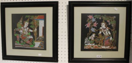 Two framed and glazed Thai silks depicting religious characters