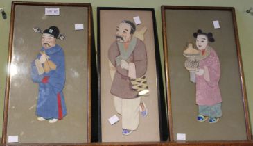 Three framed Chinese characters constructed & painted in fabric