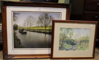 An original watercolour landscape indistinctly signed, together with a print of a narrowboat