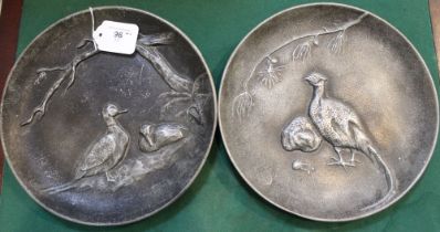 Pair of Continental cast metal wall plaques of game birds