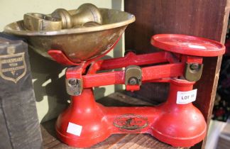 A red painted Thornton & co. "The Viking" kitchen scales & weights