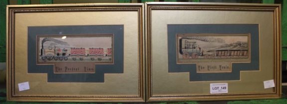 A pair of Stevens embroidered pictures, "The First Train" and "The Present Time", both gilt framed