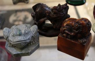 Three stoneware fantasy animals including a dragon, a Guilin & a mythical frog