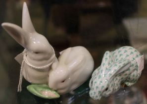 Two Herend porcelain items, includes a rabbit in green decoration and a double rabbit group with mai