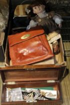 A ceramic head collectors doll, jewellery case, wooden box and various handbags