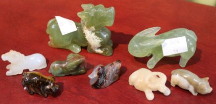 A small box to include agate and tiger eye farmyard animals a jade rabbit and dragon