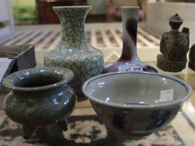 Chinese Jingdezhen Guanware (crackle glaze) including incense burner, crackle glaze vase, a Junware