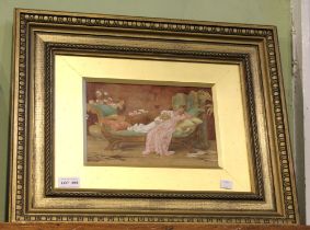 After Maude Goodman, "Reclining on the day bed" over painted print, 16cm x 24cm, gilt framed and gla