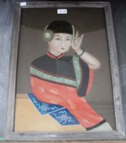 A Chinese reverse glass painting of a girl in costume