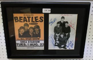 Framed possibly re-print of the Beatles, dedicated to Gill with best wishes and a showtime leaflet