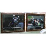 Two framed, signed coloured photos of motor cycle road racing TT winners, John Mc Guinness & Michael