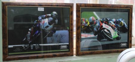 Two framed, signed coloured photos of motor cycle road racing TT winners, John Mc Guinness & Michael