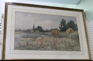 Albert Stevens, "River seen with gathered reeds", watercolour painting, signed, 38cm x 64cm, gilt fr