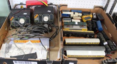 Two boxes containing Hornby locos and rolling stock plus transformers etc