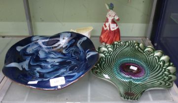 A studio pottery blue glazed dish with an art Nouveau style serving dish plus