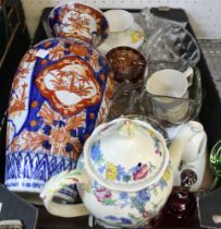 An Imari design ceramic vase, 38cm high, a Masons Ironstone coffee pot and other ceramics and glass