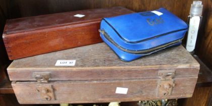 A wooden cased pathologists tool box with associated medical equipment