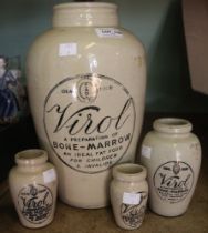 Four vintage "Virol" stoneware jars