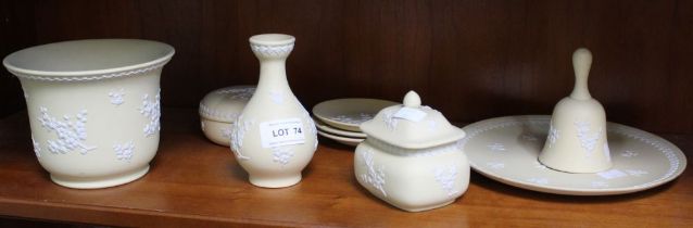 A selection of yellow Wedgwood to include a dish a bell, vase etc