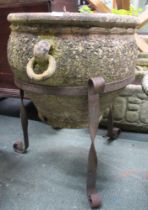 A circular ceramic garden pot on wrought iron stand