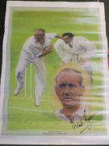 A printed poster by Ralph Sweeney of Cricketer, bowler Frank Tyson