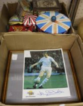 A box containing vintage boxes, an ornate cutlery set, signed photo of "Jack Charlton", signed pict