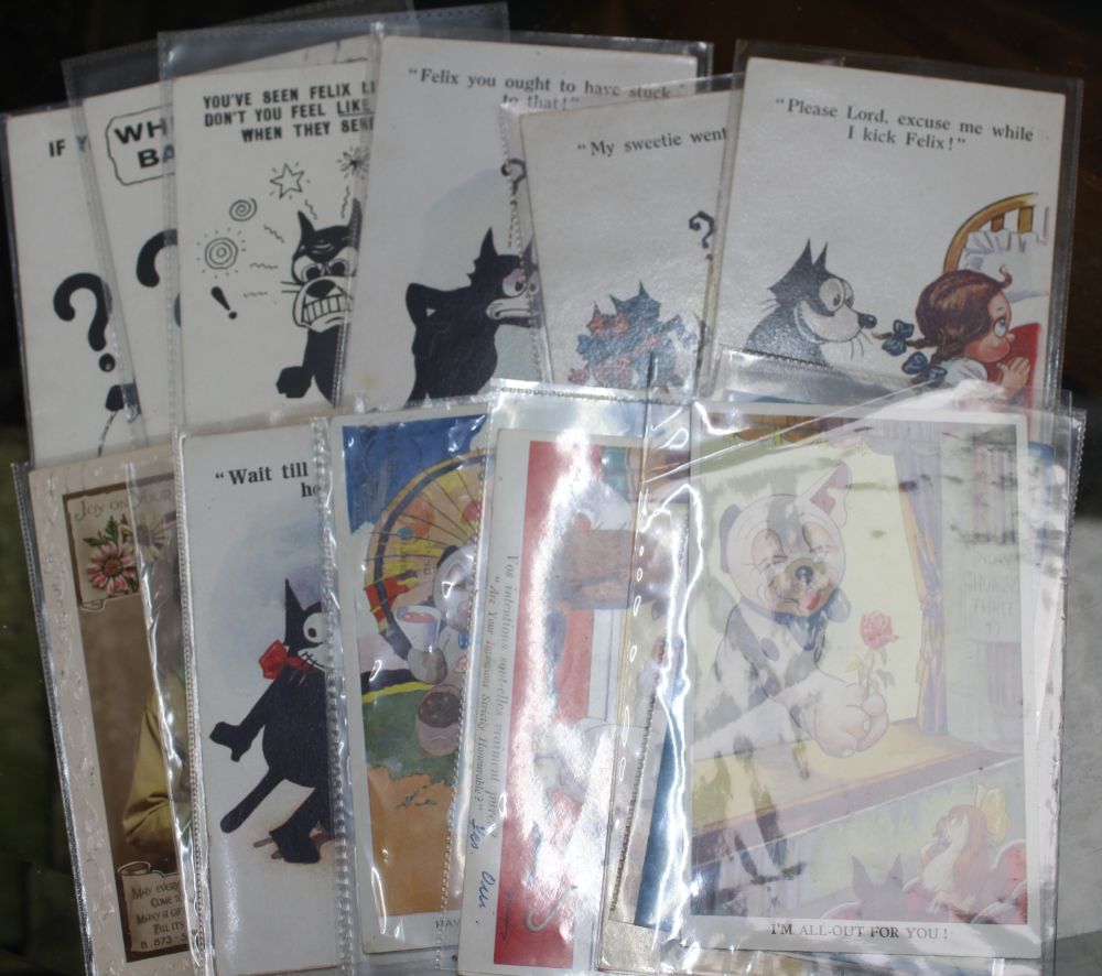Nine early 'Felix the Cat' postcards and six 'Bonzo' postcards.