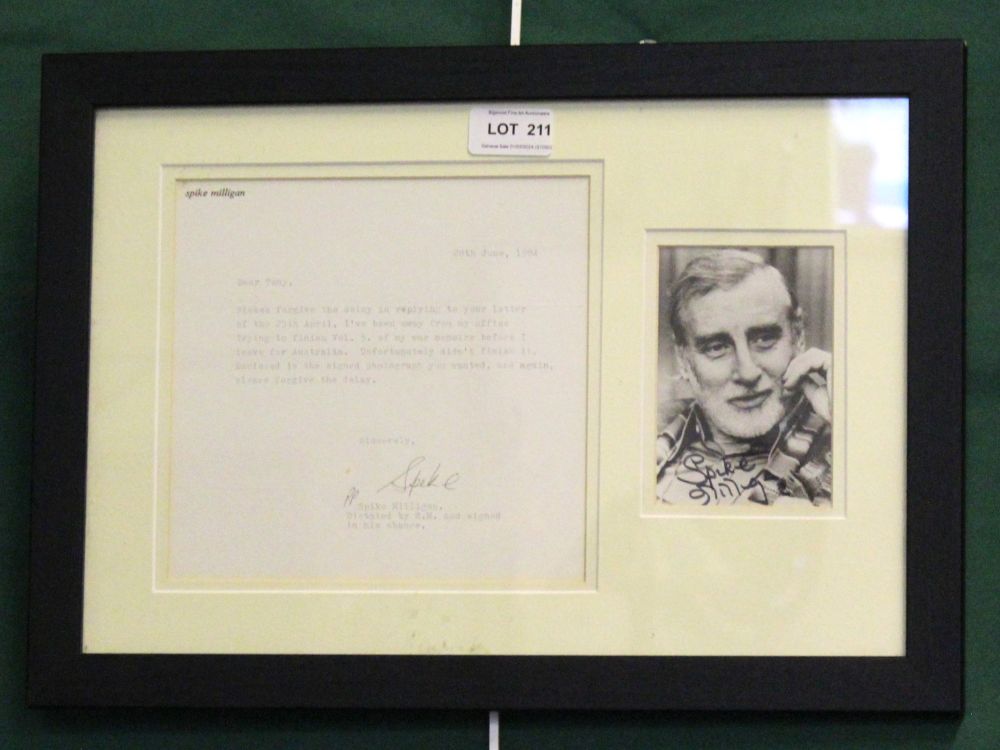 Framed and signed photo of Spike Milligan, accompanied by a request letter to 'Tony'