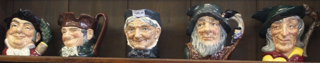 A collection of five Royal Doulton character jugs, includes Rip Van Winkle, Pied Piper, Granny, Old