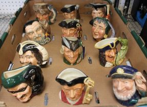 A collection of twelve Royal Doulton character jugs, includes Old Salt, Gaoler, Dick Turpin, Captain