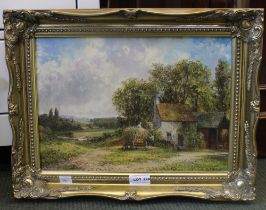 Jason Threlfall "Farm Yard, with hay cart", oil painting on canvas, signed, 25cm x 34cm, gilt framed