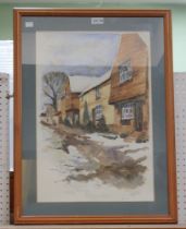 An original watercolour signed Hiscott of a probable Cotswold street scene