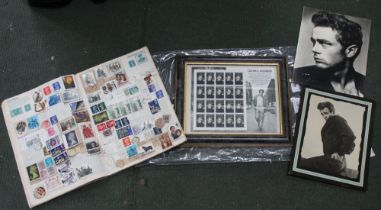 Framed set of 20, 32 cent postage stamps of James Dean and 2 photos of him and a Stanley Gibbons Sta