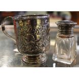 A Chester silver Christening mug with embossed cherub decoration 66g, together with a silver & torto