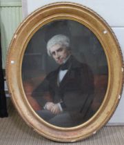 A 19th century French portrait of a gentleman, seated, wearing a frock coat, pastel drawing on canva
