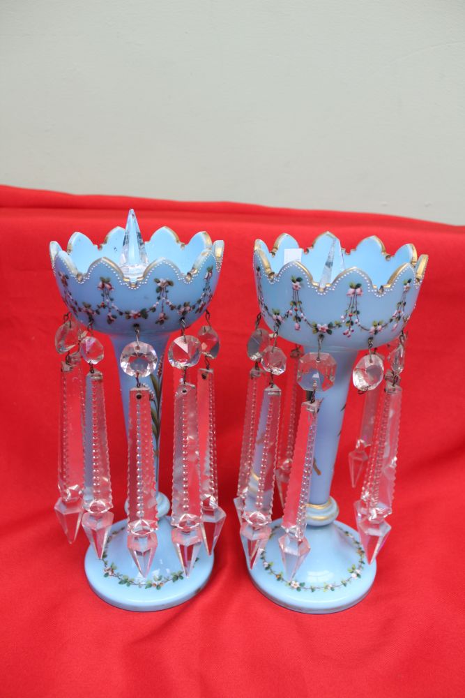 A pair of Victorian blue glass lustres, painted floral swag decoration 27cm high - Image 2 of 2