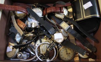 A box containing a selection of vintage wrist and pocket watches etc
