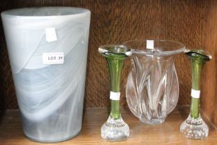 A modern studio large glass vase with three other glass items (4)