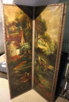 A late 19th century hand painted three fold room screen, painted with "The Haywain" after Constable,