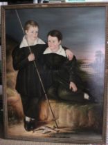 19th century British School, "Young Fishermen" two boys with pole and catch, in an extensive landsca