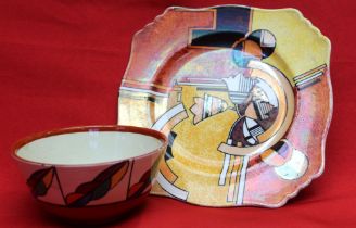 A Clarice Cliff Bizarre hand painted ceramic bowl, 14cm dia, together with a Royal Winton fancy squa