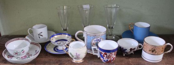 Three Georgian glass beer flutes with etched decoration, together with various ceramic wares