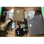A box containing cased cutlery, costume jewellery and other interesting and collectible items